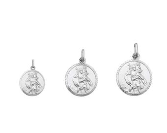 Colgante de medalla de San Cristóbal en plata de ley 925 - Collar personalizado de San Cristóbal de 45 cm (cadena barbada) - Diámetro de 12 mm, 15 mm y 18 mm