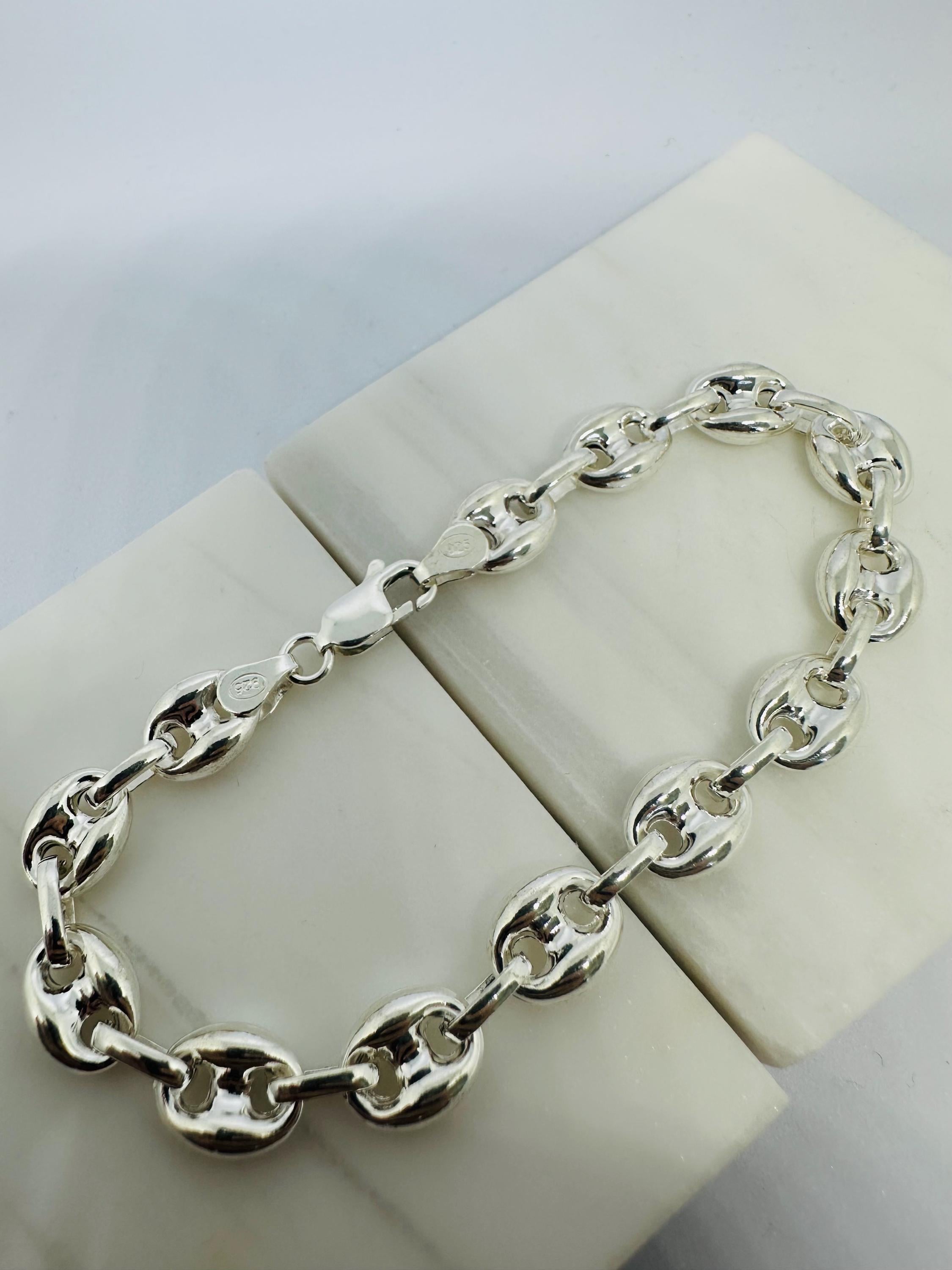 Solid 925 Sterling Silver 9mm Anchor Marine Chain Link Bracelet