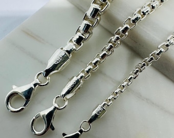 925スターリングシルバー製ラウンドボックスリンクチェーンブレスレット - 2.5mm、4mm、5mm、ボックスチェーンブレスレット - 長さ8インチ