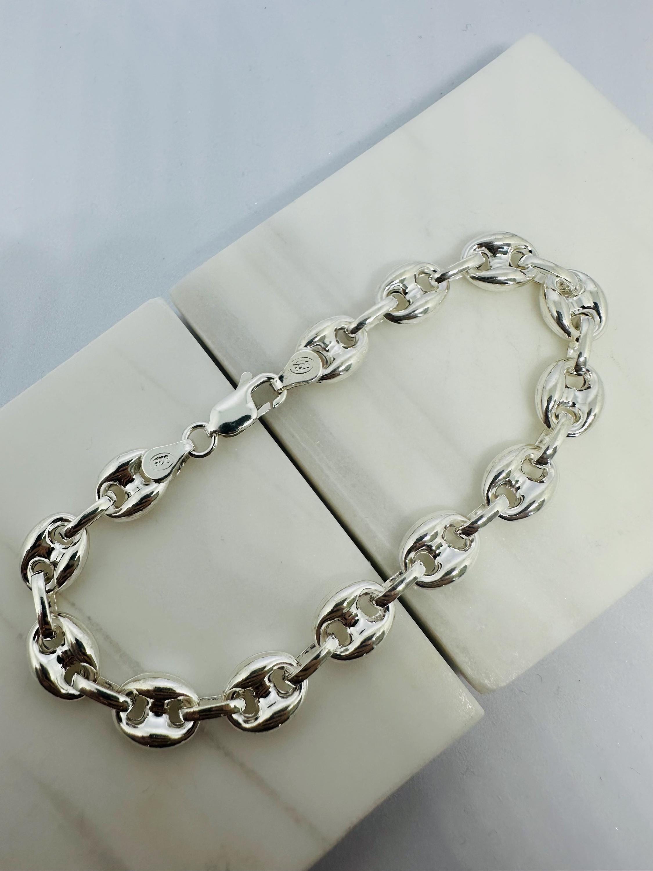 Solid 925 Sterling Silver 9mm Anchor Marine Chain Link Bracelet