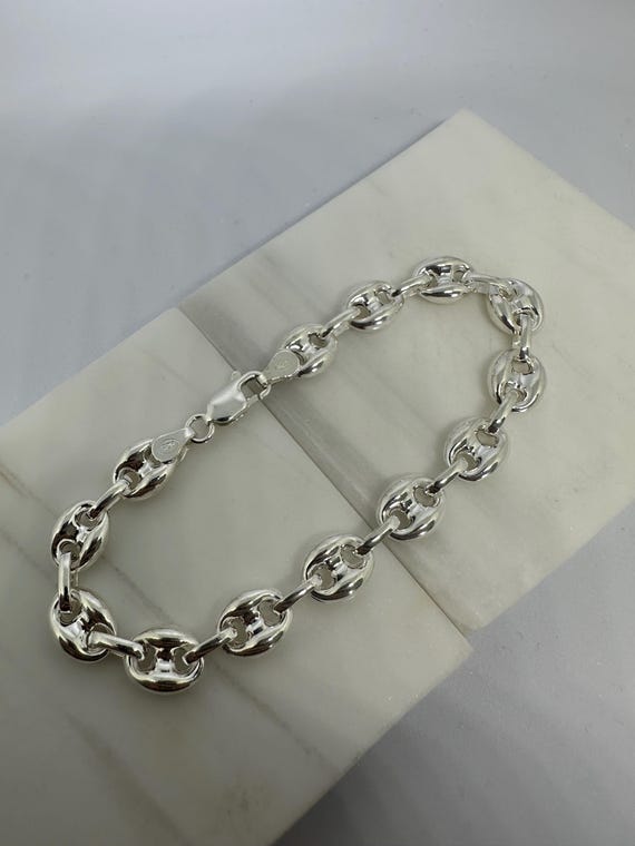 Solid 925 Sterling Silver 9mm Anchor Marine Chain Link Bracelet