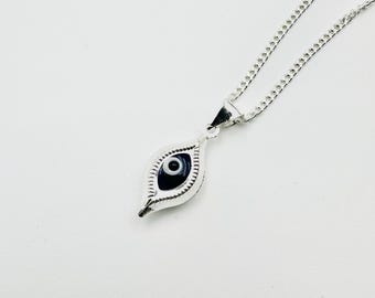 925 Sterling Silver Leaf Shape Evil Eye Pendant Necklace - Minimal Protection Charm Necklace