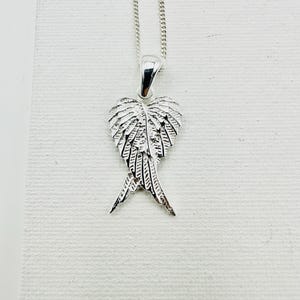 Puede incluir: Un collar con colgante plateado con un dise&ntilde;o detallado de alas. El colgante cuelga de una delicada cadena. Las alas est&aacute;n intrincadamente elaboradas con detalles de plumas, creando una apariencia texturizada. El collar se muestra sobre un fondo blanco.