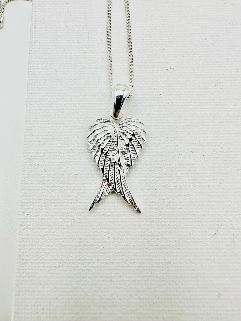 Puede incluir: Un collar con colgante plateado con un dise&ntilde;o detallado de alas. El colgante cuelga de una delicada cadena. Las alas est&aacute;n intrincadamente elaboradas con detalles de plumas, creando una apariencia texturizada. El collar se muestra sobre un fondo blanco.