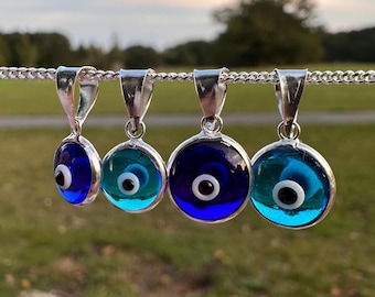Collar con colgante de ojo malvado de plata, cadena de 45 cm, collar con ojo malvado de turquesa azul, nuevo