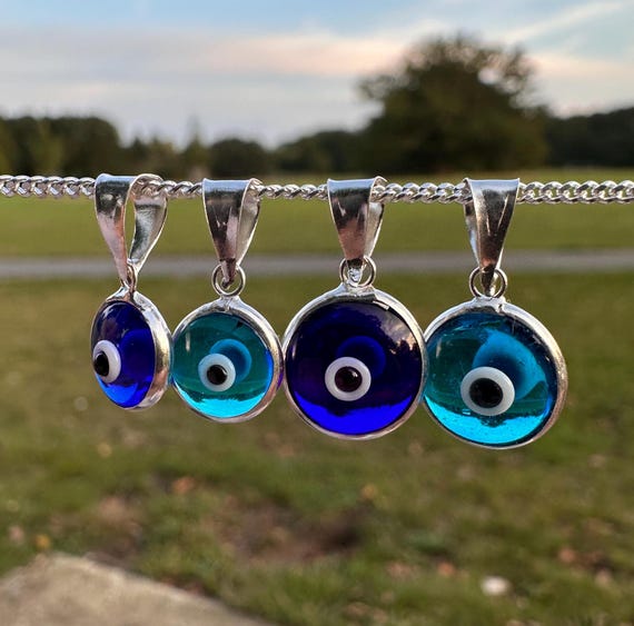 Silver Evil Eye Pendant Necklace 18 inch Chain - Blue Turquoise Evil Eye Necklace - New