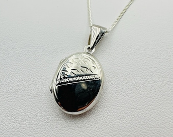 925 Sterling Silver Oval Half Engraved Locket Pendant - Silver Personalised Vintage Locket Necklace - Memorial Gift