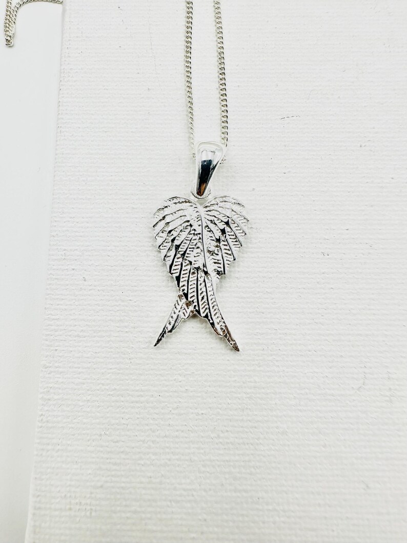 Puede incluir: Un collar con colgante plateado con un dise&ntilde;o detallado de alas. El colgante cuelga de una fina cadena. Las alas est&aacute;n intrincadamente detalladas, con cada pluma claramente definida. El collar se muestra sobre un fondo blanco.