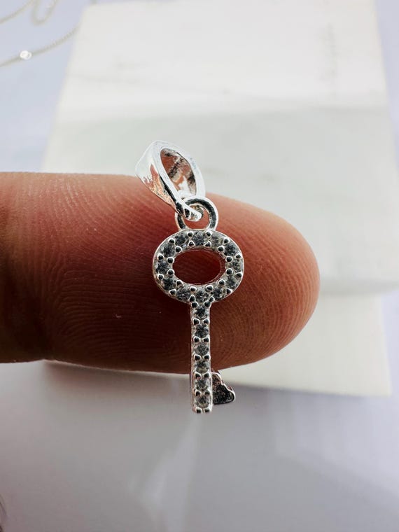 Solid 925 Sterling Silver Key Pendant Necklace - Silver Tiny Key 