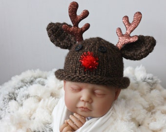 Knit Rudolph Reindeer Beanie, Reindeer Hat, Christmas Reindeer Hat, Knit Hat, Newborn Reindeer Beanie