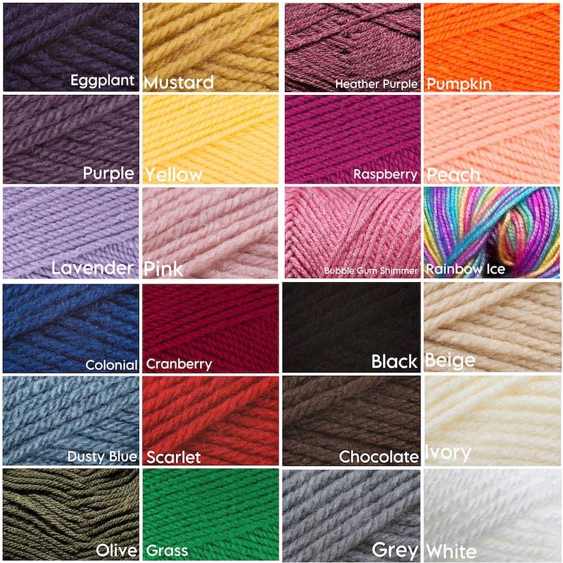 May include: A collection of yarn skeins in various colors, including eggplant, mustard, heather purple, pumpkin, purple, yellow, raspberry, peach, lavender, pink, bubble gum shimmer, rainbow ice, colonial, cranberry, black, beige, dusty blue, scarlet, chocolate, ivory, olive, grass, grey, and white.