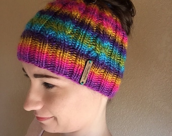 Knit Messy Bun Beanie, Messy Bun Hat, Ponytail Hat