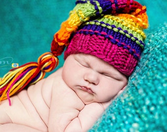 Newborn Rainbow Knit Stocking, Tassel Stocking, Newborn Knit Stocking, Sleepy Cap, Newborn Photo Prop
