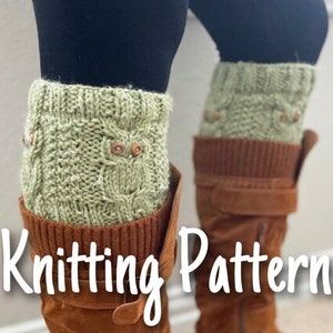 May include: Knitting pattern for a pair of green boot cuffs with brown buttons. The cuffs are made with a cable stitch and have a ribbed cuff. The text "Knitting Pattern" is written in white on a black background.