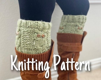 KNITTING PATTERN - Cable Knit Boot Cuffs, Owl Boot Cuffs, Digital PDF Download File, Instant Download