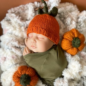 Gorro de calabaza tejido para recién nacido, gorro de otoño (0-3 meses)