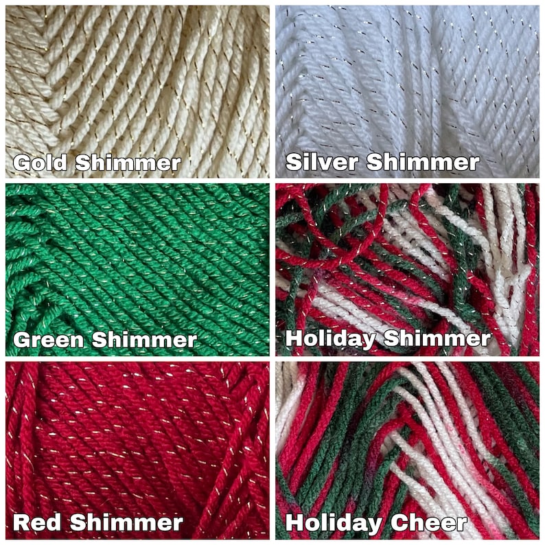 May include: A collage of six different colors of yarn with shimmer thread. The colors are gold, silver, green, red, white and a combination of red, green and white.