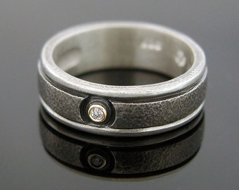 Man's Wedding Ring in hammered, textured silver with non conflict diamond  and 18K gold. Made to order, needs two weeks to complete