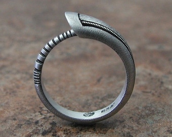 Artisan Ouroboros Snake Ring Matte Finish Textured Hammered Oxidized Silver