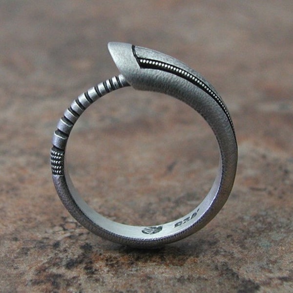 Artisan Ouroboros Snake Ring Matte Finish Textured Hammered Oxidized Silver