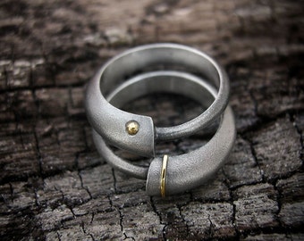 Stackable Ouroboros Snake Ring Set in Oxidized Silver and 14K Gold