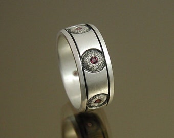 Wedding Anniversary Mother Grandma Ring With 6 Garnets Flush Set In Textured, Hammered And Oxidized Silver