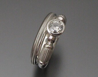 Antique Style Matching  Moissanite Engagement and Wedding  Rings in White Gold with  Milgrain Accents. Made to order.