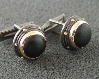 Black matte onyx bezel set cuff links in oxidized, hammered, textured silver and 18K gold