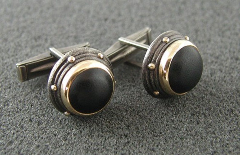 Black matte onyx bezel set cuff links in oxidized, hammered, textured silver and 18K gold image 1