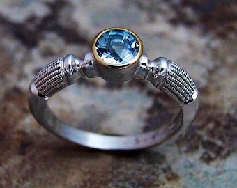 Antique Style Swiss Blue Topaz Engagement Ring in Sterling Silver and 14K Yellow Gold Bezel