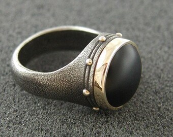 Black Onyx Mens Ring in 18K Gold and hammered, textured, oxidized Silver