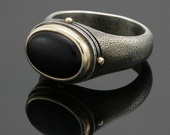 Oval Black Matte Onyx Mens Ring in oxidized, hammered, textured silver and 18K gold