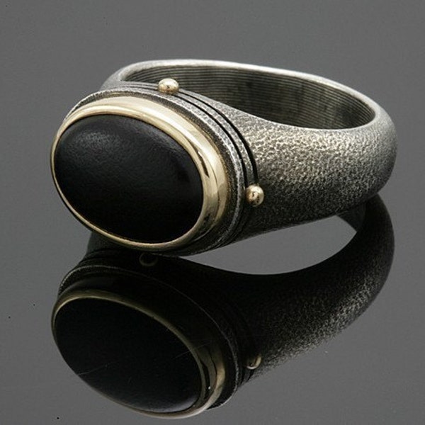 Oval Black Matte Onyx Mens Ring in oxidized, hammered, textured silver and 18K gold