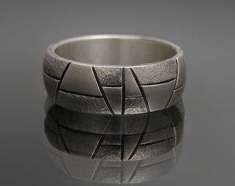 Mens Wedding Band in textured, hammered and oxidized silver. Needs two weeks to complete