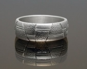 Argentium silver ring with milgrain, textured and hammered matte finish. Made to order in your size, needs two weeks to complete