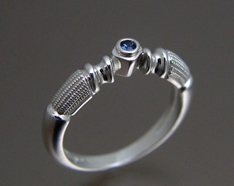 White Gold Engagement Ring in vintage, antique style  with milgrain and blue sapphire