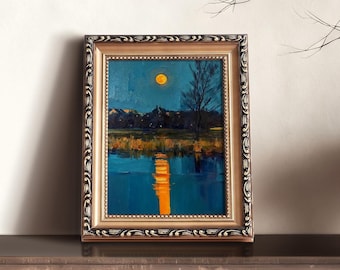 Moonlit Landscape Oil Painting Hand-Painted Full Moon Reflection on Water Nature Wall Art Decor