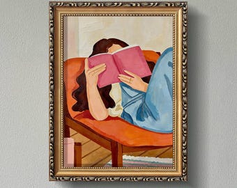 Woman Reading Book Oil Painting Hand-Painted Relaxing Cozy Canvas Wall Art Home Decor Gift