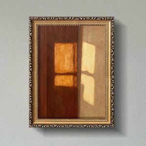 May include: A framed oil painting featuring a vertical composition divided into a dark brown section on the left and a light beige section on the right. Bright, rectangular patches of warm yellow sunlight illuminate both sides of the canvas.