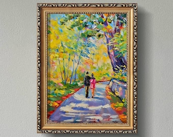 Romantic Couple Walking Oil Painting Hand-Painted Vibrant Nature Path Landscape Wall Art