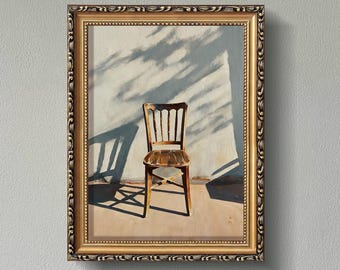 Einsamer Vintage Holzstuhl im Sonnenlicht Schatten Ölgemälde Handgemaltes Ruhiges Wandkunst Geschenk