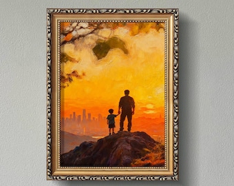 Father and Son Sunset Oil Painting Hand-Painted Family Love Emotional Bond Cityscape Wall Decor