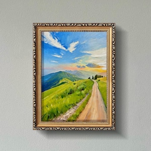 Mountain Sunset Trail Oil Painting Impasto Hand-Painted Landscape Green Hill Textured Wall Art