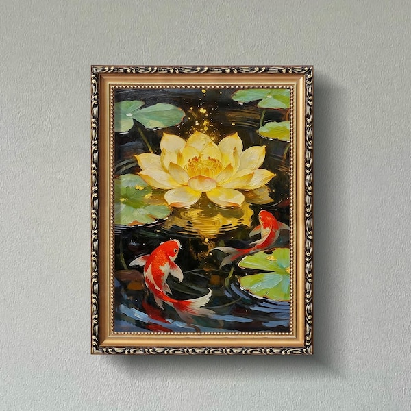 Peinture à l'huile de poisson koi vibrante, fleur de lotus dorée, toile peinte à la main, oeuvre d'art sereine
