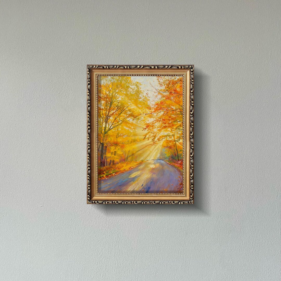 Autumn Road Oil Painting Hand-painted Fall Forest Pathway Sunlit Nature ...