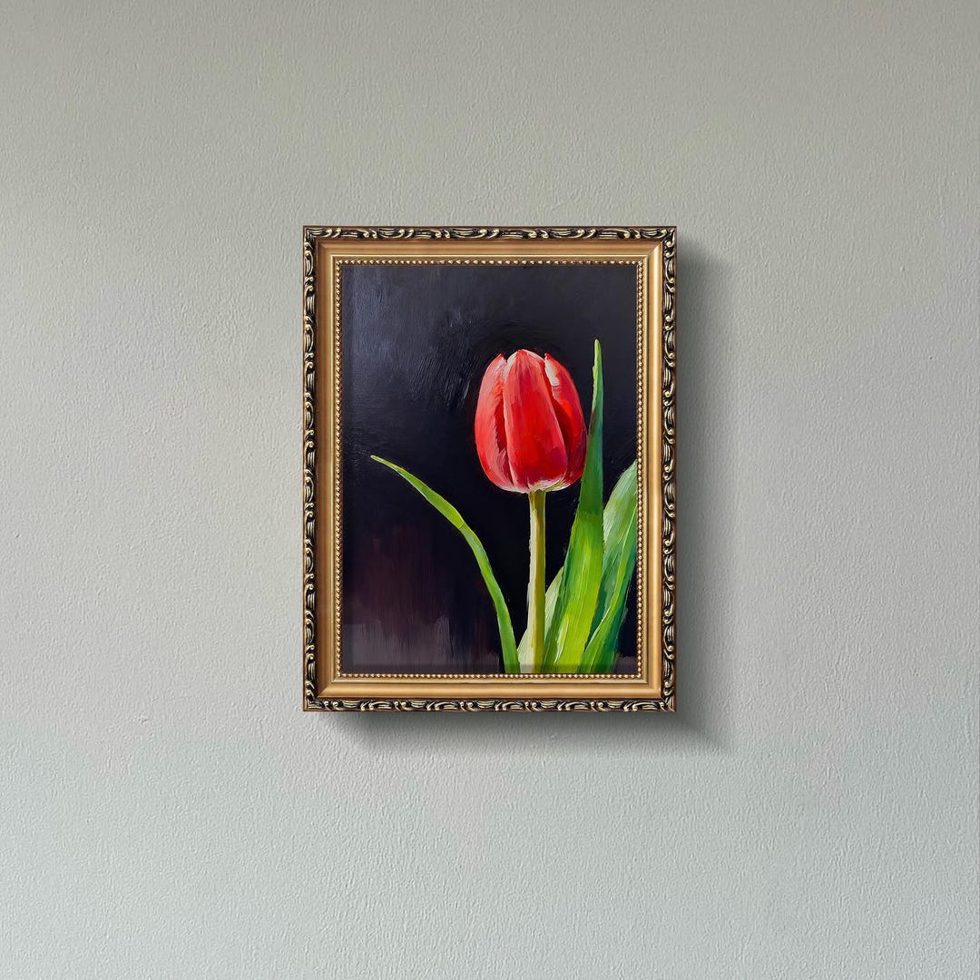 Red Tulip Oil Painting Hand-painted Flower on Black Background Floral ...