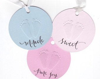 baby shower favor tags - baby feet embossed round tags