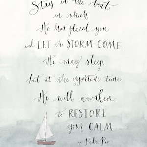 Padre Pio quote hand lettered Catholic saint print calm in storm /physical print image 1