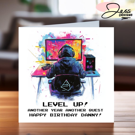 Gamer Birthday Card - Level Up, Quirky Gaming Quest Greeting, Personalised Video Game Card