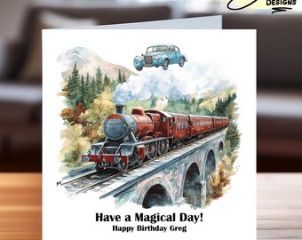 Carte d'anniversaire personnalisée inspirée de Harry Potter - train magique et voiture volante, voeux sur le thème du sorcier